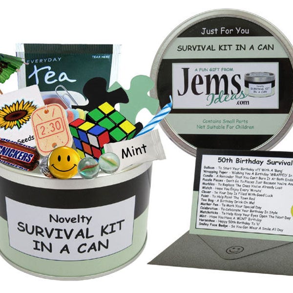 50th Birthday Survival Kit In A Can. Fun Happy Birthday Gift & Card. OTHER COLOURS AVAILABLE