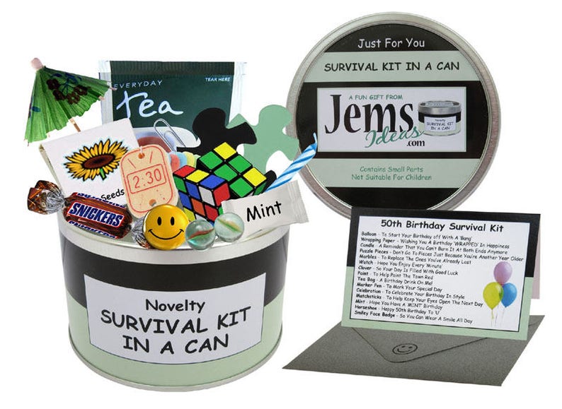 50th Birthday Survival Kit In A Can. Fun Happy Birthday Gift & Card. OTHER COLOURS AVAILABLE image 1