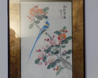 Table, painting on silk signed, paintings depicting the bird on the cherry branch, on pretty frame