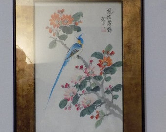 Painting, Signed Silk Painting, Paintings Representing the Bird on the Cherry Tree Branch, On Pretty Frame