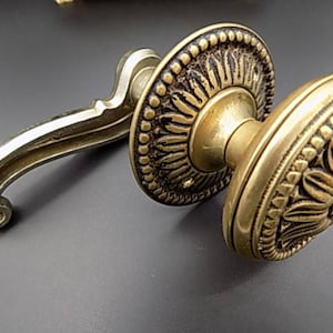 Może przedstawiać: Antyczna mosiężna klamka do drzwi z ozdobnym kwiatowym wzorem na gałce i zakrzywioną dźwignią. Klamka ma wygląd vintage, ze szczegółowymi wzorami i ciepłym, postarzanym wykończeniem. Okucia są na ciemnym tle.