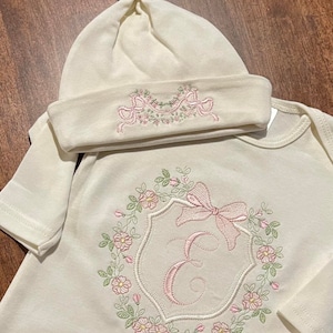 Baby girl coming home monogrammed gown and hat
