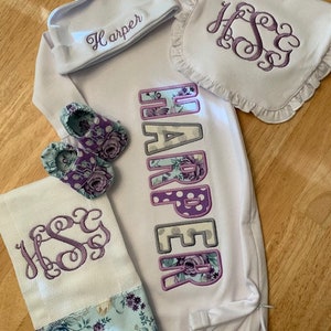 Personalized Baby Gown Baby Girl Coming Home Outfit Newborn Unique Monogrammed Baby Clothes