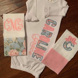 Personalized Baby Gown Baby Girl Coming Home Outfit Newborn Unique Monogrammed Baby Clothes