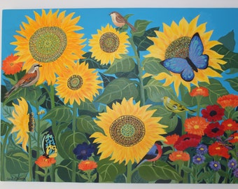 Painting  on canvas of 'Sunflowers,Birds ,Butterflies and dragonfly'[Acrylic Painting