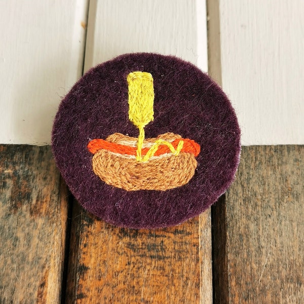 Handmade Embroidered Brooch - Juicy Hot Dog