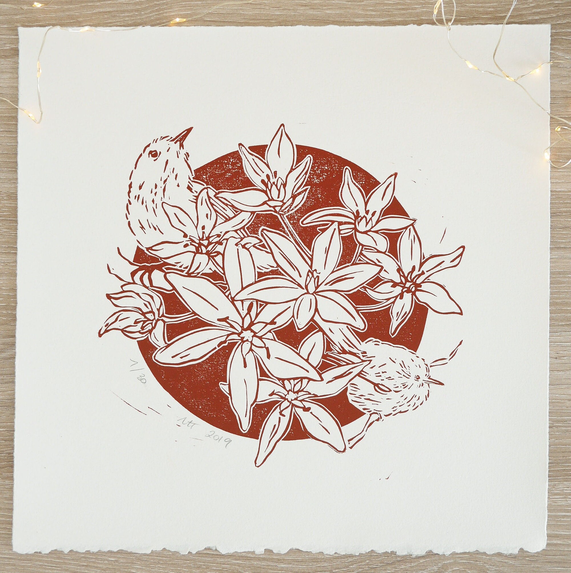 Estampe Originale, Impression Manuelle, Oiseaux et Fleurs