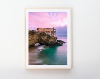 Coastal House Print, Pink Sky Poster, Laguna Beach Wall Decor, Southern California Sunset Print.