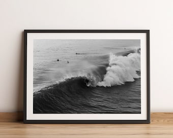 Black & White Huntington Beach Wave Print, Southern California Monochromatic Wall Decor, Unframed.