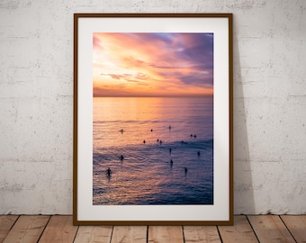 Surfer Line Up Print, Huntington Beach Sunset Poster, Orange County California Wall Decor, Winter Sky, Surfing Print.