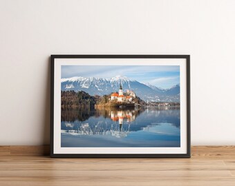 Lake Bled, Slovenia Print, Central European Wall Decor, Julian Alps Mountain Print. Unframed.