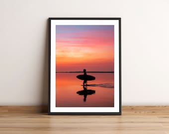 Bali Sunset Print, Silhouette Surfer Wall Decor, Uluwatu Indonesia Surf Print. Unframed.