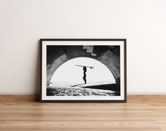 B&W Surfer Girl Print, Southern California Surfing Wall Decor. Unframed.