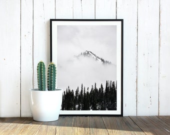 Grayscale Mount Rainier Print, B&W Wilderness Wall Decor, Nature Photography Print, Unframed.