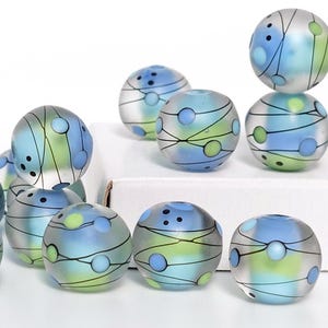 Handmade Lampwork Glass Beads: Soft Blue Green Etched Black Dot Pair