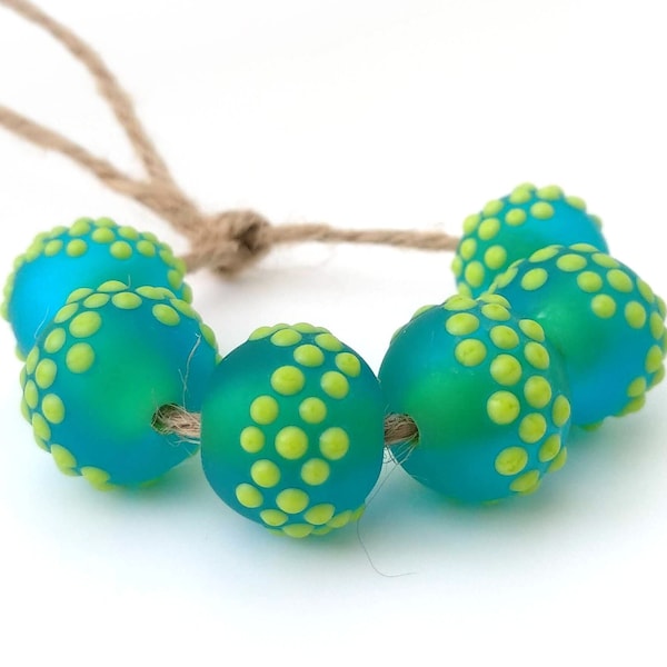Pair (two beads) Handmade lampwork glass beads green turquoise aquamarine etched beads fine line stringer decoration light green dots