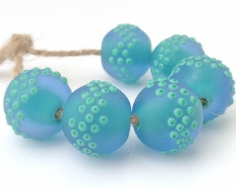 pair (2 beads) Handmade lampwork glass beads soft blue green etched fine line stringer decoration white dots