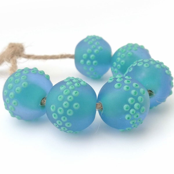 pair (2 beads) Handmade lampwork glass beads soft blue green etched fine line stringer decoration white dots