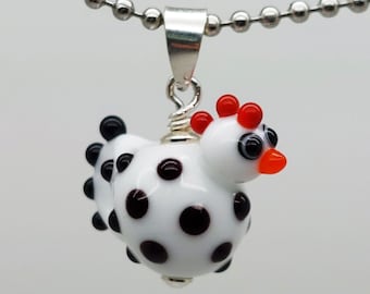 Handmade Lampwork Chicken Pendant: Polka Dot Glass Charm, Sterling Silver