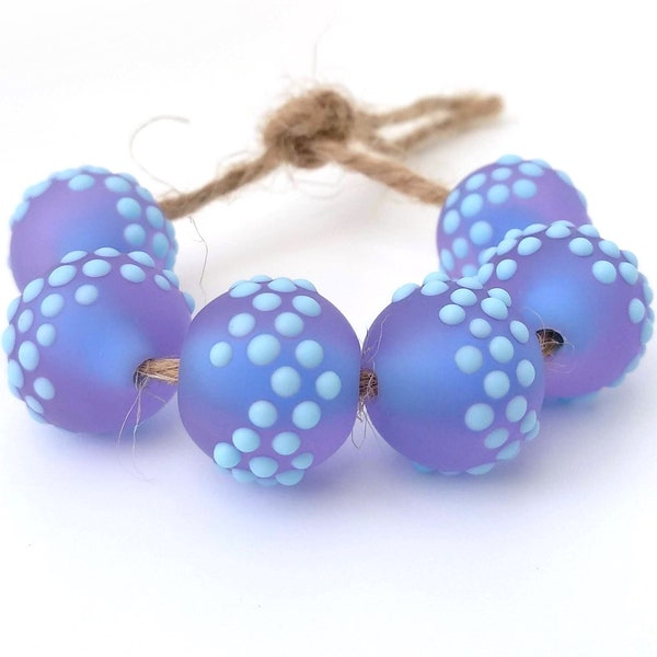 pair (two beads) Handmade lampwork glass beads lavender purple turquoise etched beads fine line stringer decoration light blue dots