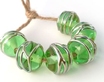 Pair (2 beads) of handmade lampwork light green silverglass bead glass beads jewelry making designing earrings beadpair lampwork beads