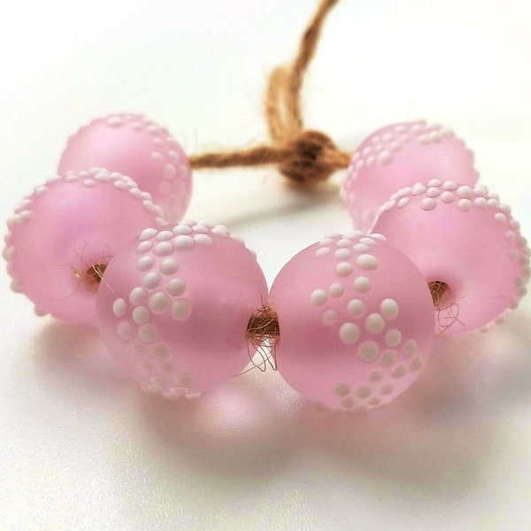 pair (two beads) Handmade lampwork glass beads soft pink etched beads fine line stringer decoration white dots