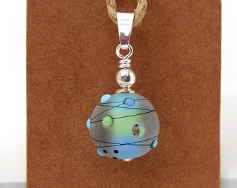 handmade lampwork glass pendant charm lampwork etched bead pendant blue green seaglass glass bead charm glass jewelry
