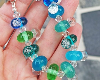 Handgemaakte glaskralen artistieke glas blauw groen kralen armband handgemaakt sterling zilver toggle