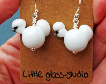 Lampwork glass silkie chickens handmade sterling white grey black gold brown earrings