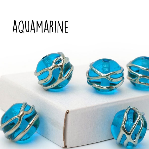 Pair (2 beads) of handmade lampwork aquamarine blue gold ribbon glass beads jewelry making designing earrings beadpair lampwork beads