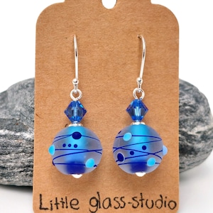 Lampwork etched sea salt light blue dark blue etched tiny dots beads sterling silver findings dangle earrings