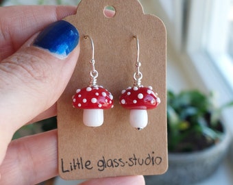 Handmade Sterling Silver Mushroom Earrings: Lampwork Glass Toadstool