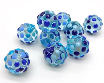 Pair of Handmade Lampwork Glass Beads: Blue Dotted Design