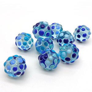 Pair of Handmade Lampwork Glass Beads: Blue Dotted Design