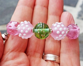 Eén maat voor alle handgemaakte lampwork glaskunstkralen, ambachtelijke armband roze hart dichrioc glitterkralen