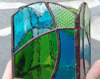 Glas in lood kandelaar Tiffany theelichtkaarshouder blauw groen