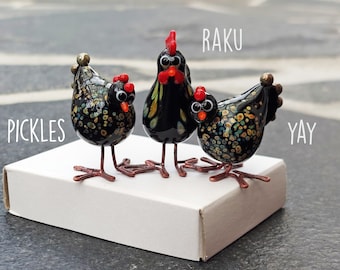 Handmade Glass Miniature Chickens Trio: Farm Animal Figurines