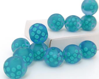 Etched Lampwork Glass Beads: Soft Blue Green with White Dots