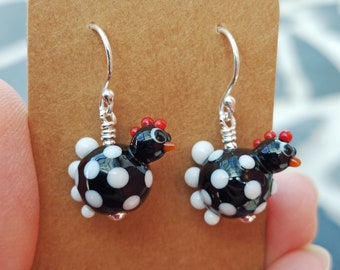 Lampwork glass chickens handmade sterling silver white black polka dots earrings