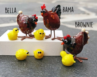 glass miniature chickens family 2 hens roo 5 baby chicks collectables decoration miniature figurines farm animals livestock chick poultry