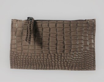 Small zipper Embossed Crocodile like Leather Pouch brown Wallet Leather Change Purse Little pouch gift for her for him