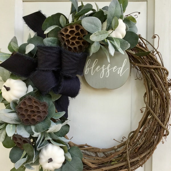 Farmhouse wreath, grapevine wreath, fall wreath, trendy wreath, Thanksgiving wreath, pumpkin wreath, wreath sign, front door, indoor wreath