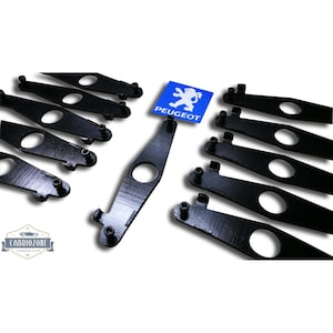 Könnte beinhalten: Zehn schwarze Metallklammern mit einem Loch in der Mitte. Die Klammern sind in einem Halbkreis um ein blaues und weißes Peugeot-Logo angeordnet.