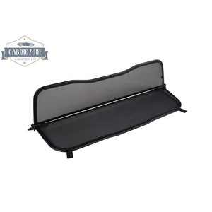 May include: Black mesh wind deflector for a convertible car. The deflector is made of a black metal frame with a black mesh fabric. It is designed to be installed behind the front seats of a convertible car to help reduce wind noise and drafts.
