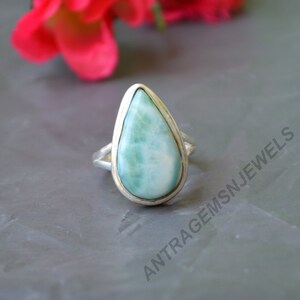 Larimar Gemstone Ring, 925 Sterling Silver Ring, Pear Larimar Birthstone Ring, Dominican Larimar Ring, Personalized Ring, Nickel Free Ring