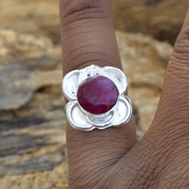 925 Sterling Silver Ring Natural Red Ruby Gemstone Ring Gift For Her July Birthstone Ring Floral Facete Ruby Ring Gemstone Silver Ring