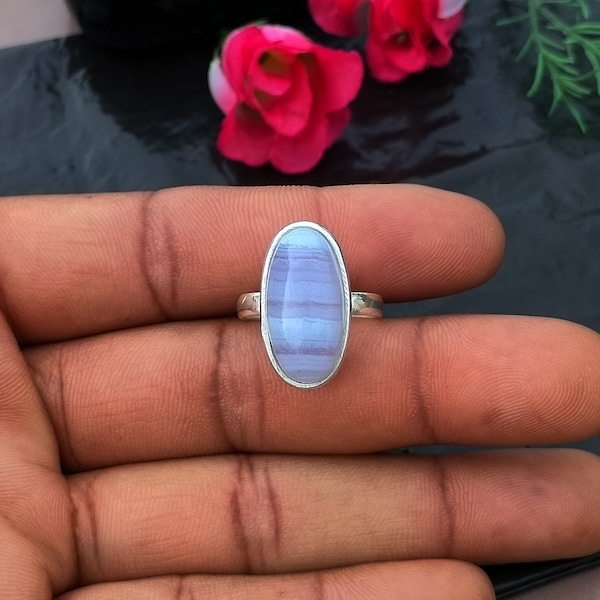 Oval Blue Lace Agate Ring, 925 Sterling Silver, Personalized Gift