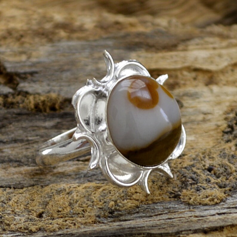 Agate Ring 925 Sterling Silver Ring Designer Silver Beautiful Gift Ring Lovely Ocean Agate Gemstone Ring Artisan Floral Gift Ring
