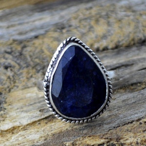 Natural Blue Sapphire Gemstone Ring, 925 Sterling Silver Ring, July Birthstone Ring, Gemstone Silver Ring, Designer Pear Sapphire Ring