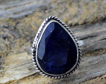 Bague en pierre naturelle bleu saphir, bague en argent 925, Pierre de naissance juillet, pierres précieuses bague, Designer poire en argent bague en saphir